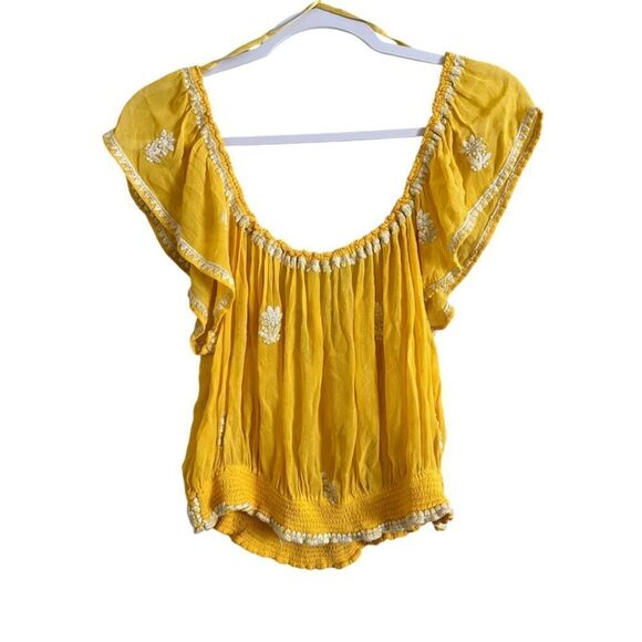 Free People Crop Top Women's XS Yellow Sheer Embroidered Boho Lightweight - Picture 2 of 7